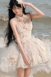 Ivory Galaxy Flower Language Multi-Layered Ruffle Bowknot Sweet Lolita Tube Top Dress